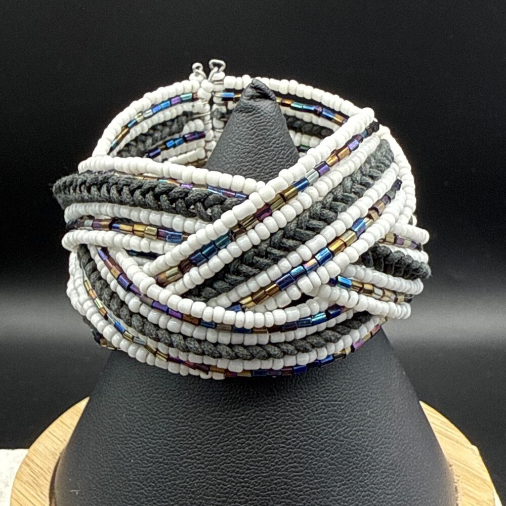 Artisan Bracelet 6" Adjustable Black White Iridescent Seed Bead Woven‎ Open Cuff
